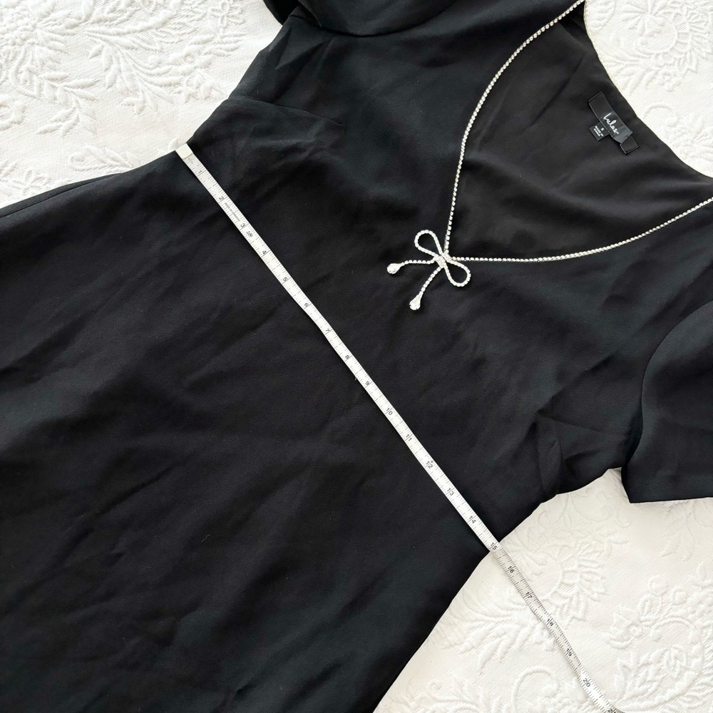 NWOT Lulus Charming Sparkle Black Rhinestone Bow Short Sleeve Mini Dress Small - Picture 7 of 8